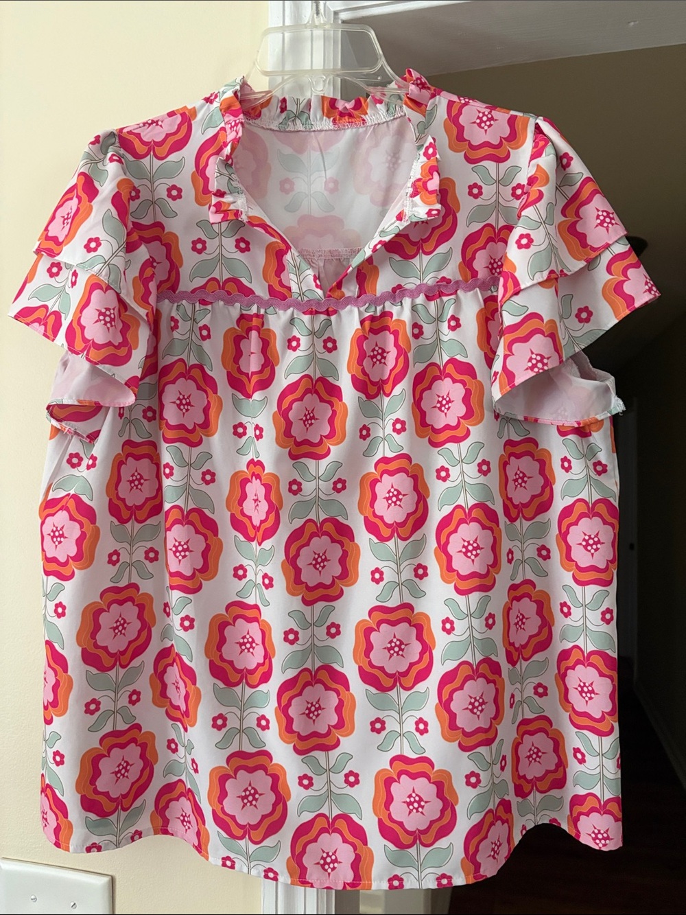 Women’s Floral Ruffle Sleeve Top - Pink Multi